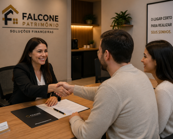 Atendimento da equipe Falcone Patrimônio com clientes.
